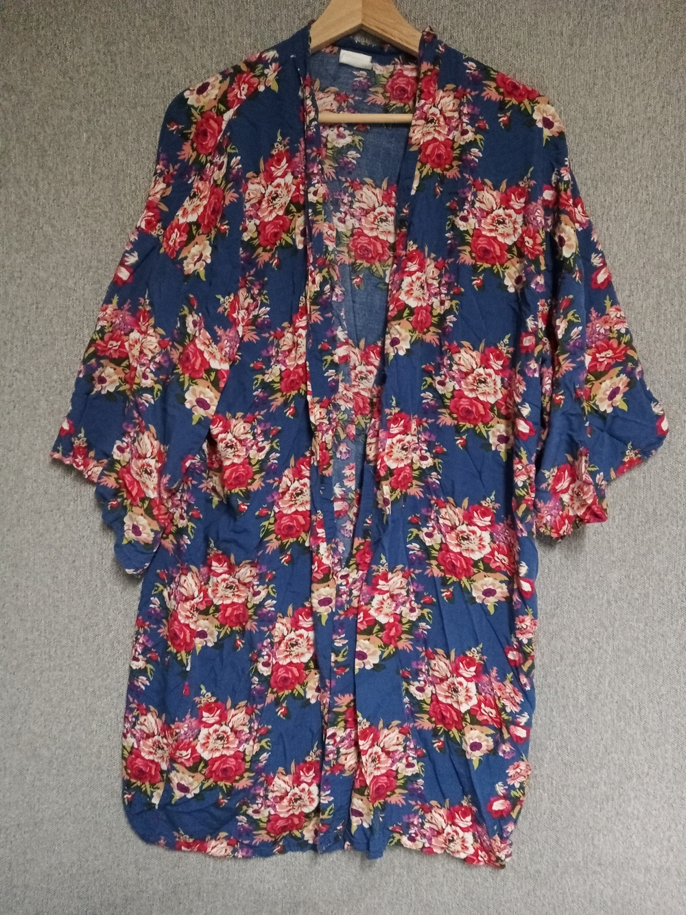 Blue Floral Kimono Cardigan with Pink Rose Print